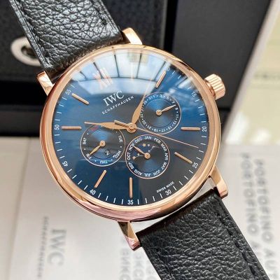 IWC Portofino 3836-2 Movement 40mm Black Italian Calfskin Leather Strap Blue Face Watch